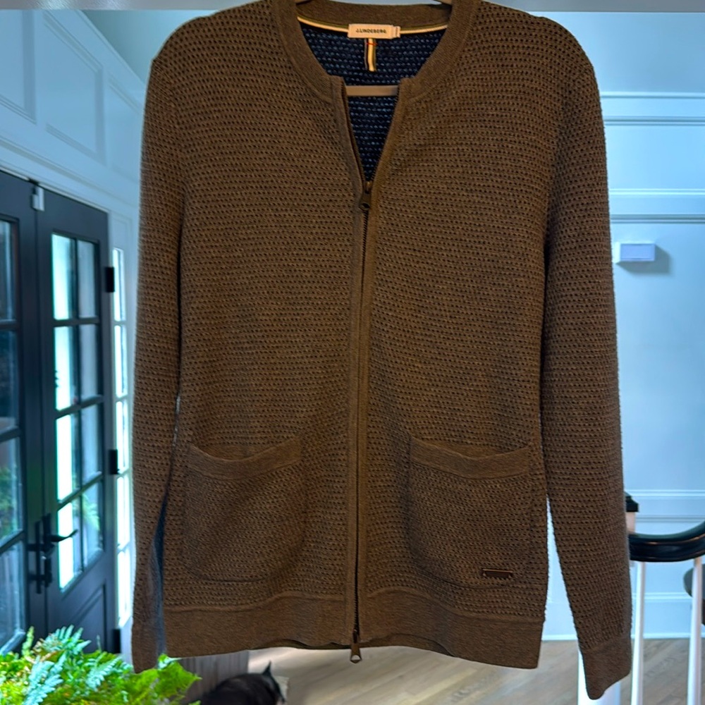 J. Lindeberg Men grey Merino Wool cotton Full-Zip Cardigan post Sweater m women